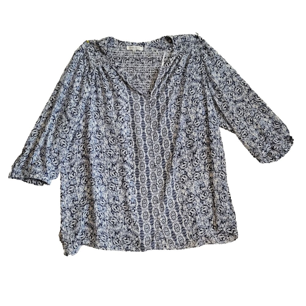 Rose Olive Blouse 2XL Blue White Floral Peasant Ruched Back Button Front